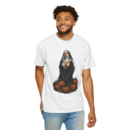Color: White | Halloween Nun Unisex Garment-Dyed Tee