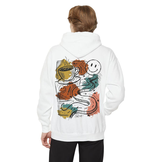 Color: White | Happy Coffee Garment-Dyed Hoodie