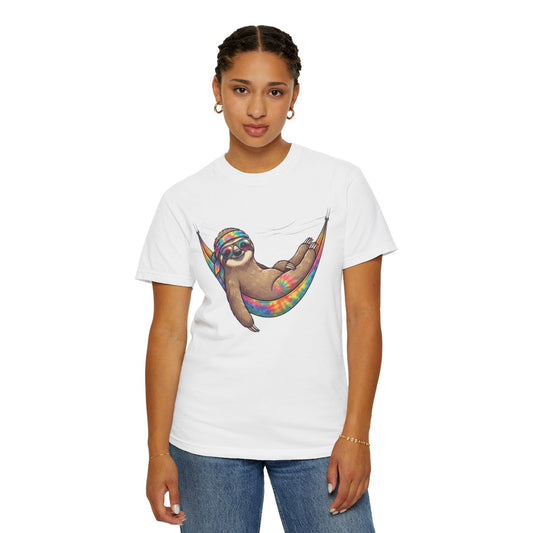 Color: White | Hippy Sloth Unisex Garment-Dyed Tee