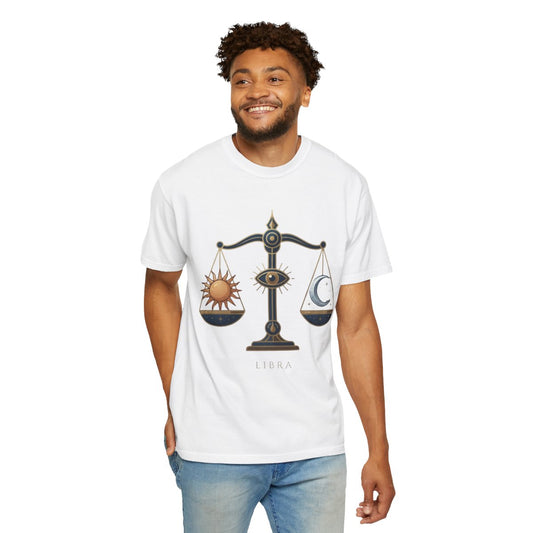 Color: White | Libra The Balanced Scales Unisex Garment-Dyed Tee