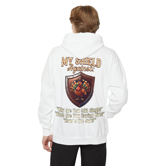 Color: White | My Thanksgiving Shield Garment-Dyed Hoodie
