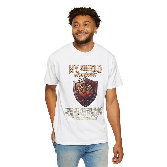 Color: White | My Thanksgiving Shield Unisex Garment-Dyed Tee