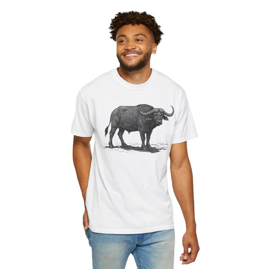 Color: White | Pencil Sketch Art Cape Buffalo Unisex Garment-Dyed Tee