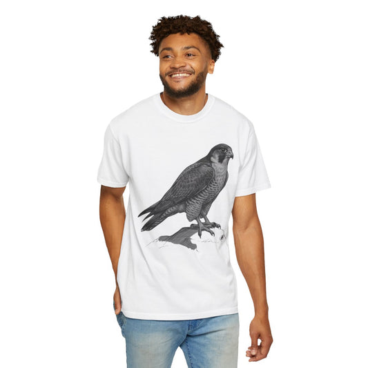 Color: White | Pencil Sketch Art Falcon Unisex Garment-Dyed Tee