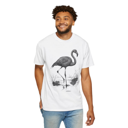 Color: White | Pencil Sketch Art Flamingo Unisex Garment-Dyed Tee