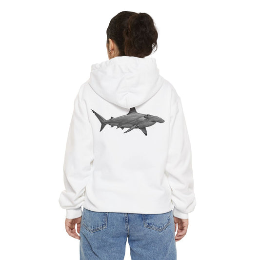 Color: White | Pencil Sketch Art Hammerhead Shark Garment-Dyed Hoodie