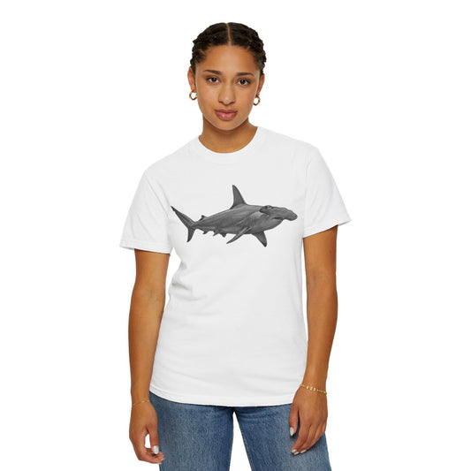 Color: White | Pencil Sketch Art Hammerhead Shark Unisex Garment-Dyed Tee