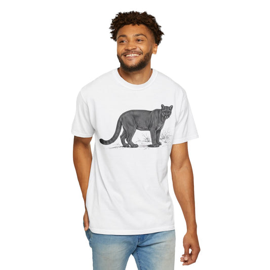 Color: White | Pencil Sketch Art Mountain Lion Unisex Garment-Dyed Tee