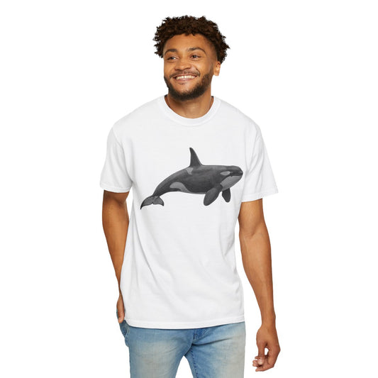 Color: White | Pencil Sketch Art Orca Unisex Garment-Dyed Tee