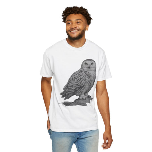Color: White | Pencil Sketch Art Owl Unisex Garment-Dyed Tee