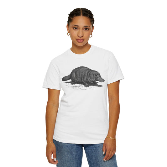 Color: White | Pencil Sketch Art Platypus Unisex Garment-Dyed Tee