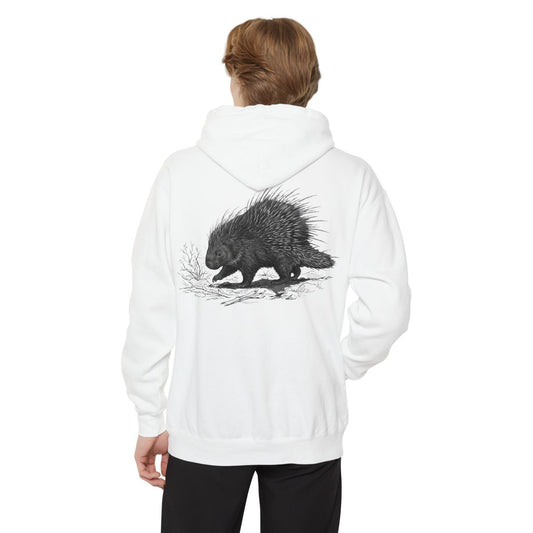 Color: White | Pencil Sketch Art Porcupine Garment-Dyed Hoodie