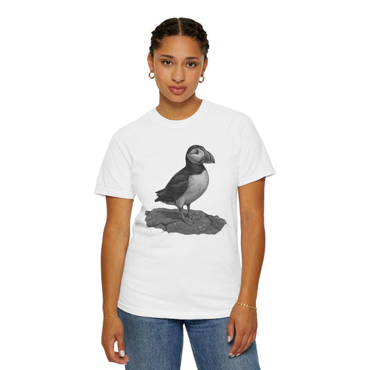 Color: White | Pencil Sketch Art Puffin Unisex Garment-Dyed Tee