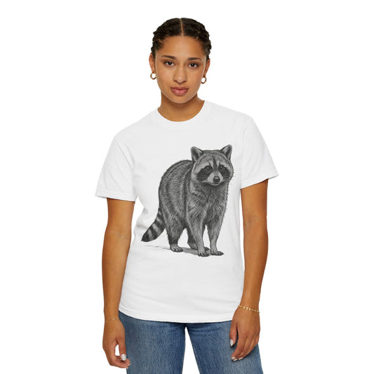 Color: White | Pencil Sketch Art Raccoon Unisex Garment-Dyed Tee