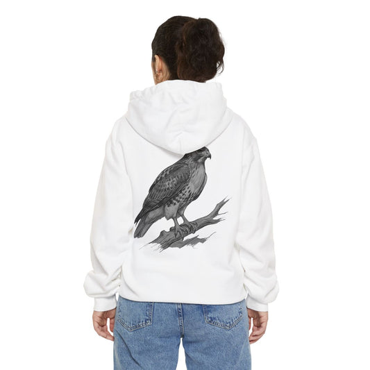Color: White | Pencil Sketch Art Red-Tailed Hawk Garment-Dyed Hoodie