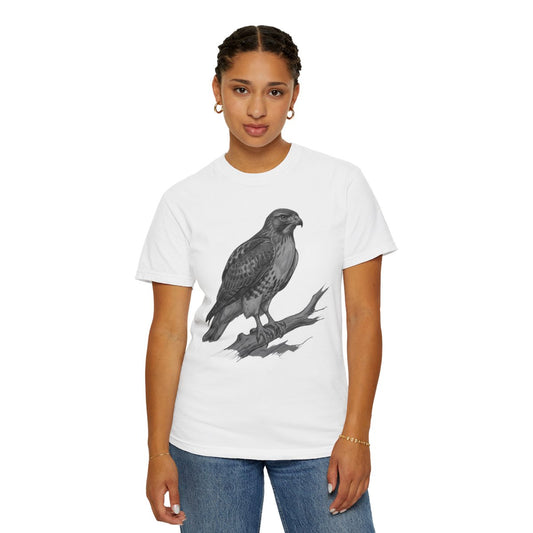 Color: White | Pencil Sketch Art Red-Tailed Hawk Unisex Garment-Dyed Tee