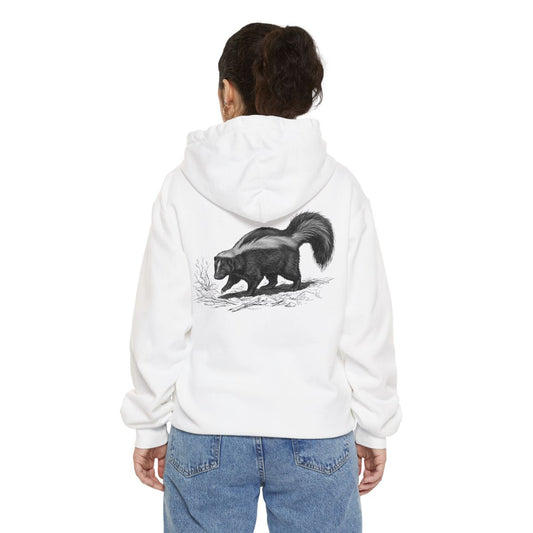 Color: White | Pencil Sketch Art Skunk Garment-Dyed Hoodie