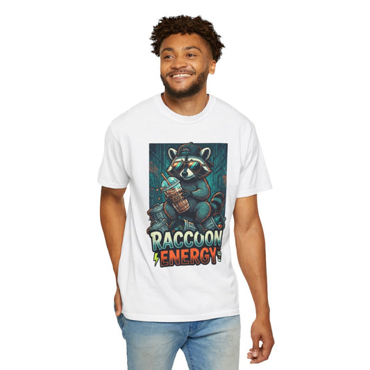 Color: White | Raccoon Energy Unisex Garment-Dyed Tee