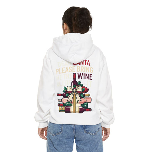 Color: White | Santa Bring Me Wine Garment-Dyed Hoodie