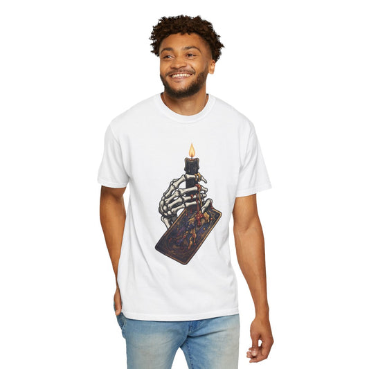 Color: White | Skeletal Hand And Tarot Card Unisex Garment-Dyed Tee