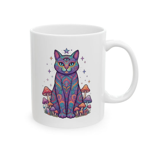 "Hippy Cat" White Ceramic Mug