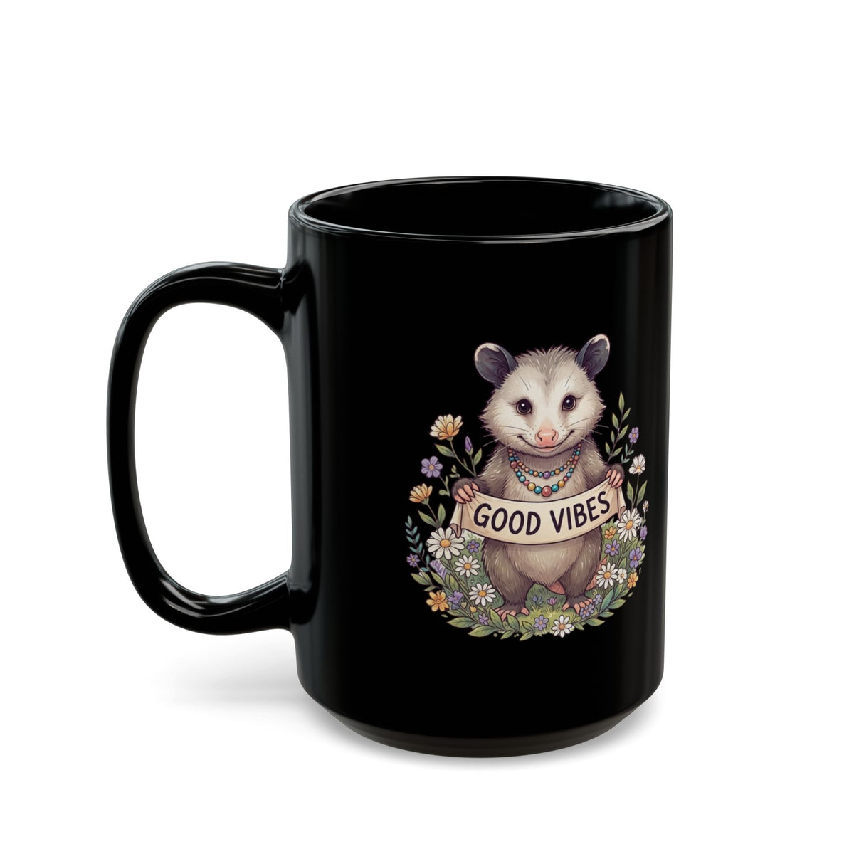 "Hippy Opossum" Black Ceramic Mug