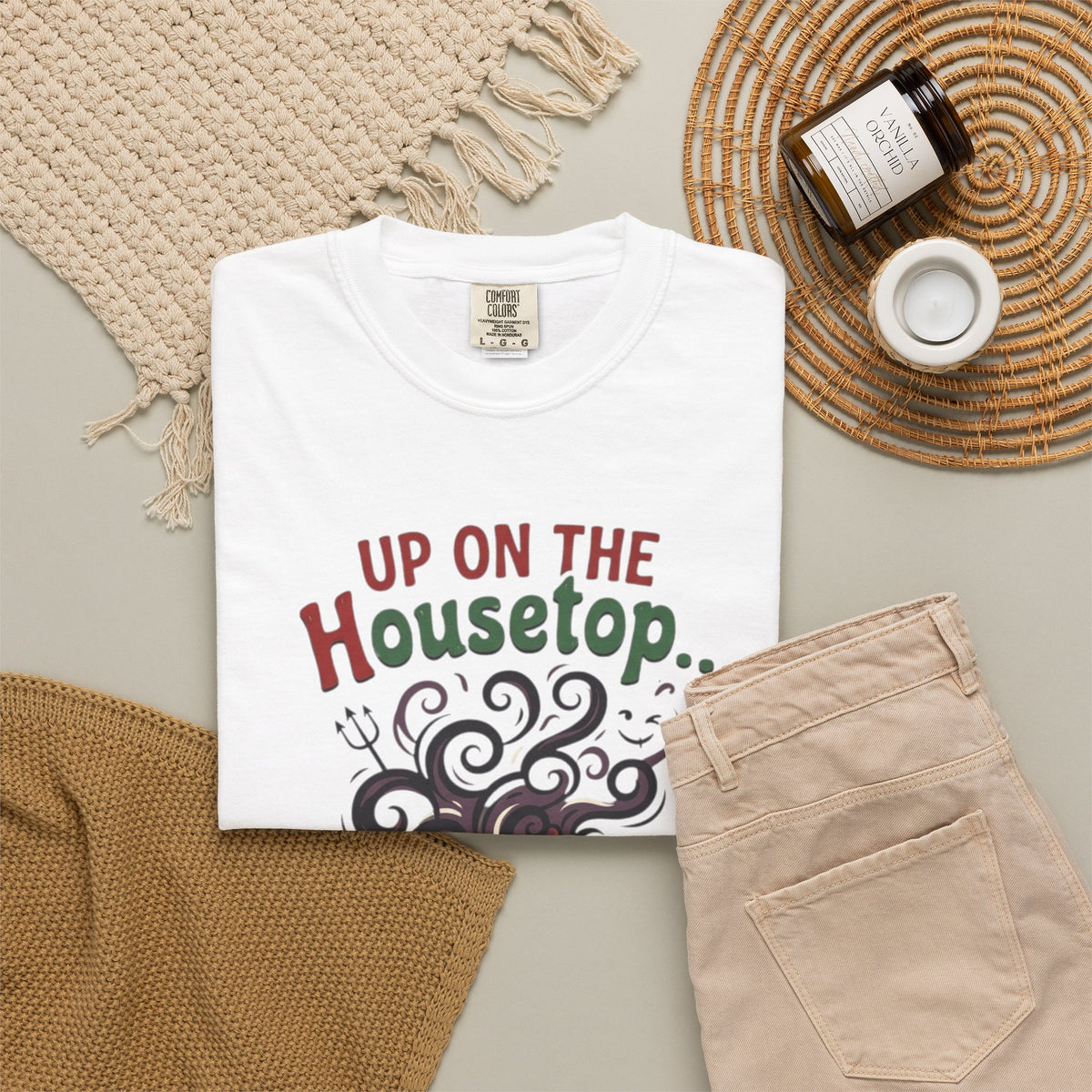 "Up On The Housetop Doing Naughty Stuff" Unisex Garment-Dyed Tee