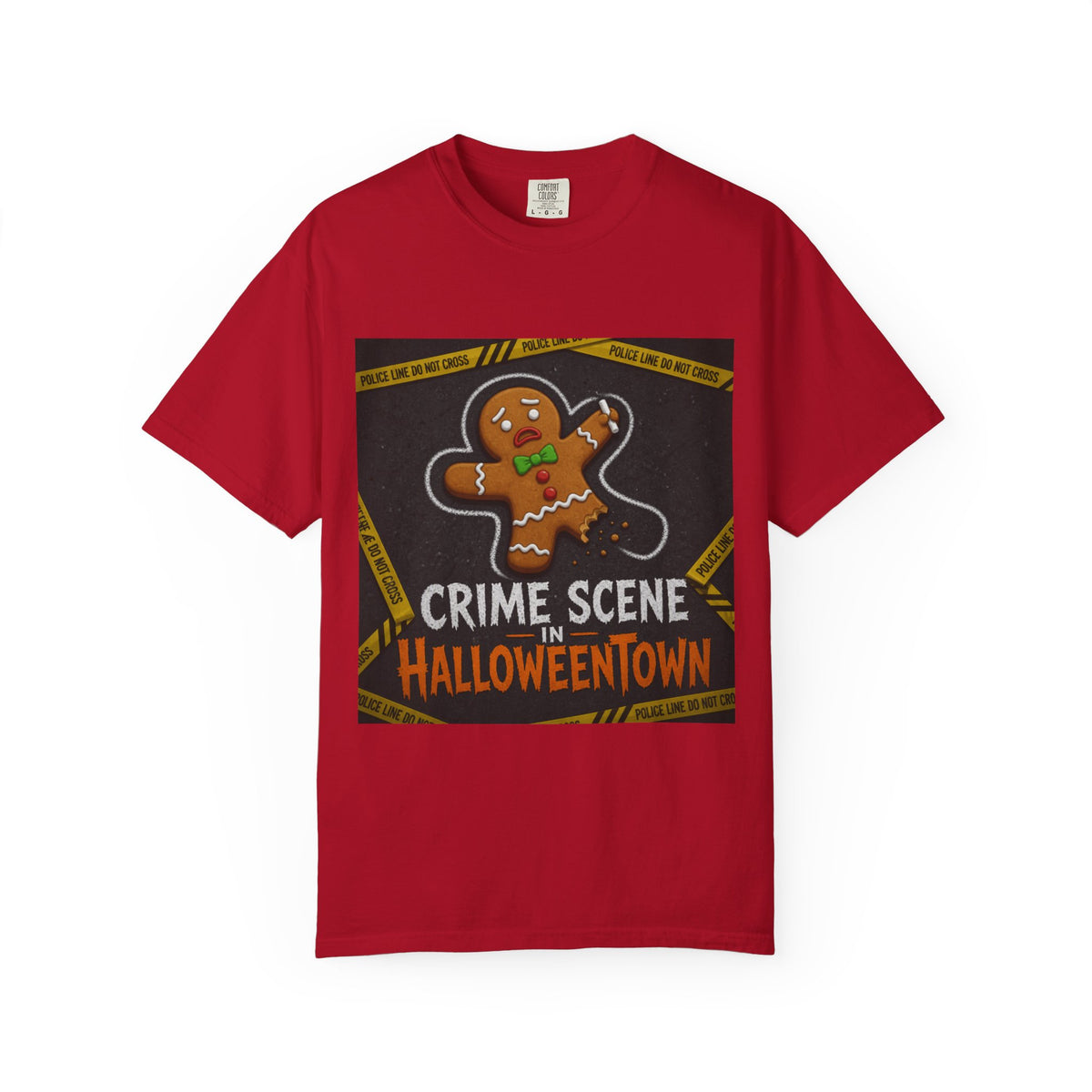 Color: Red | Crime Scene in Halloweentown Unisex Garment-Dyed Tee