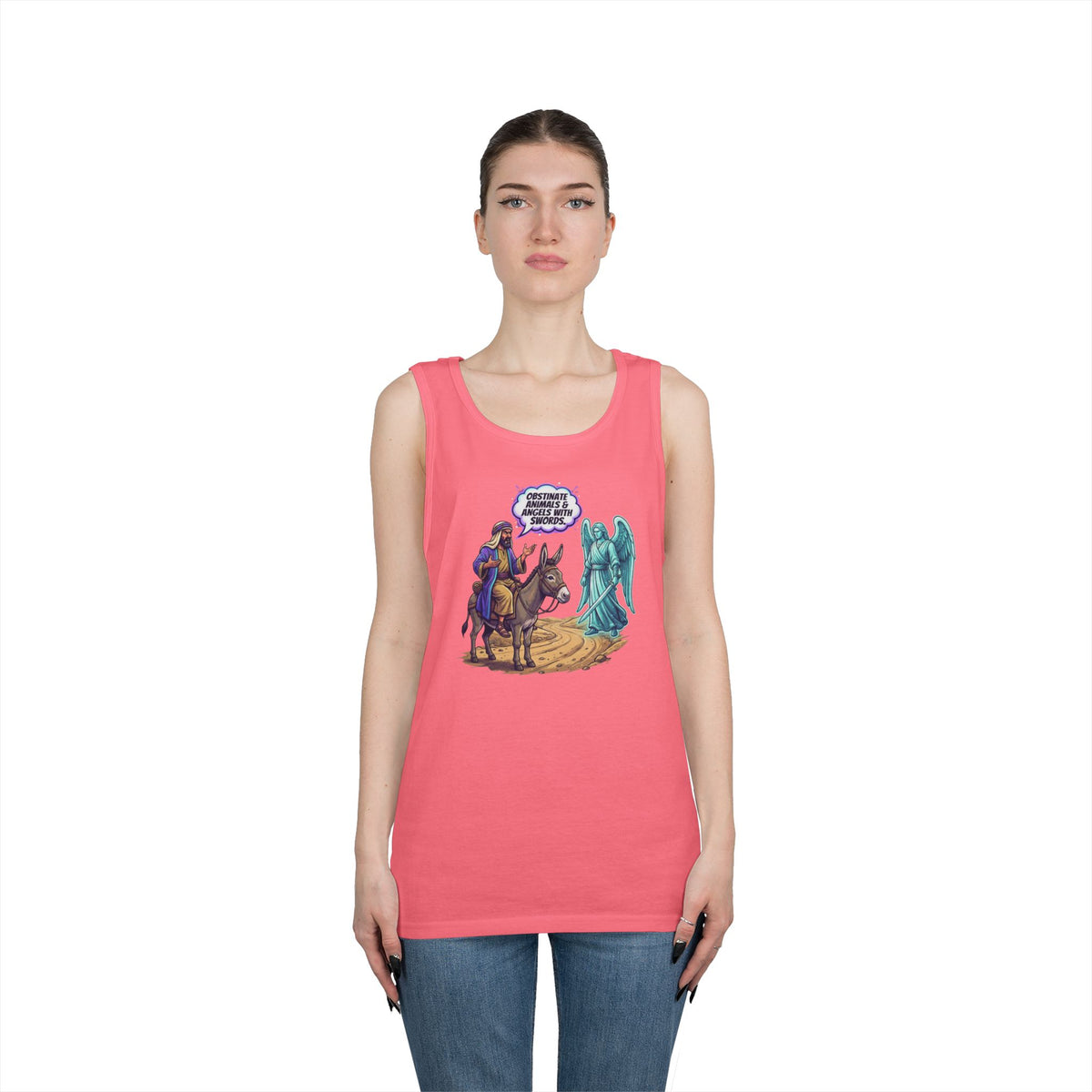 Color: Safety Pink | Good Book Series Obstinate Animals & Angels With Swords Tank Top