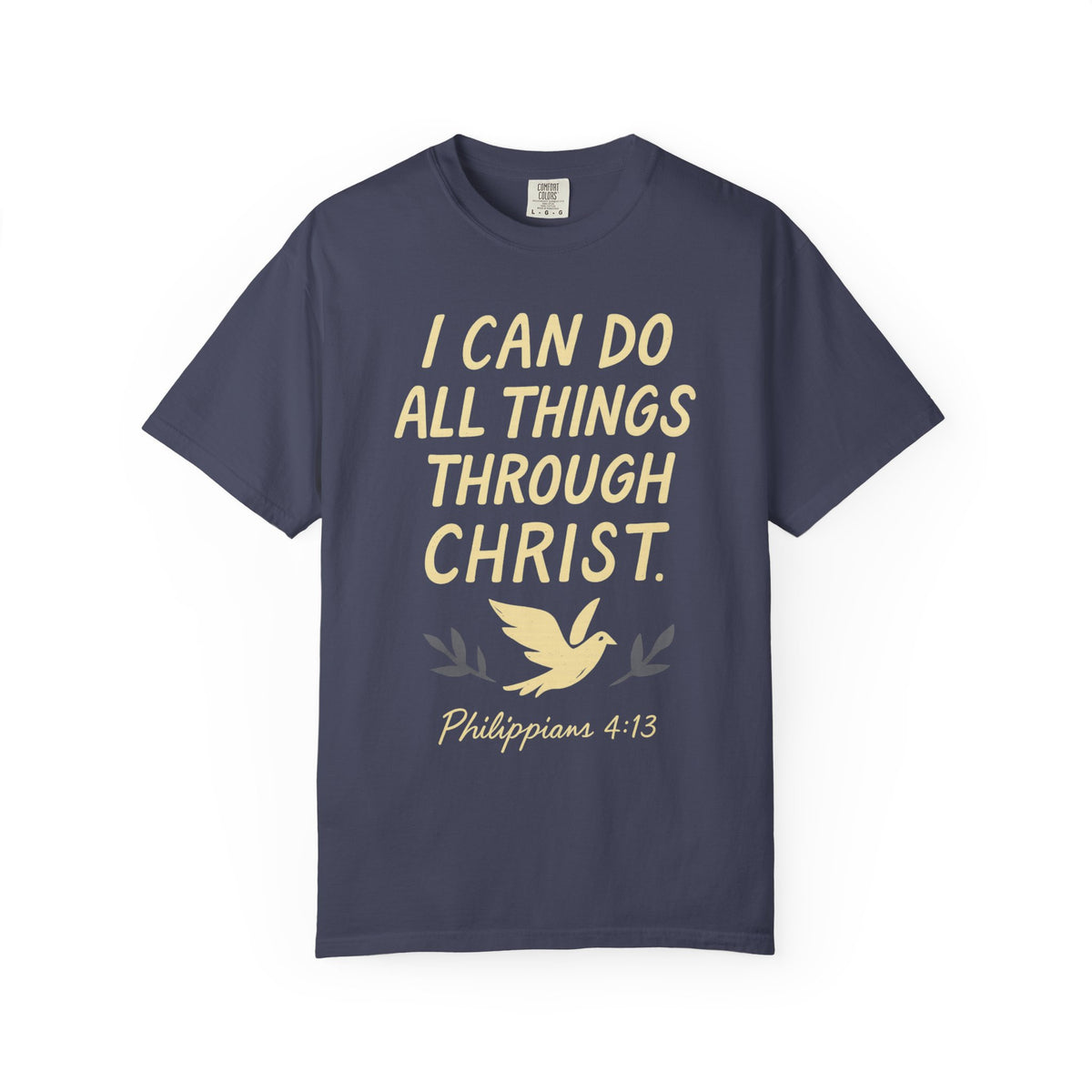 Color: Denim | All Things Through Christ Unisex Garment-Dyed T-shirt