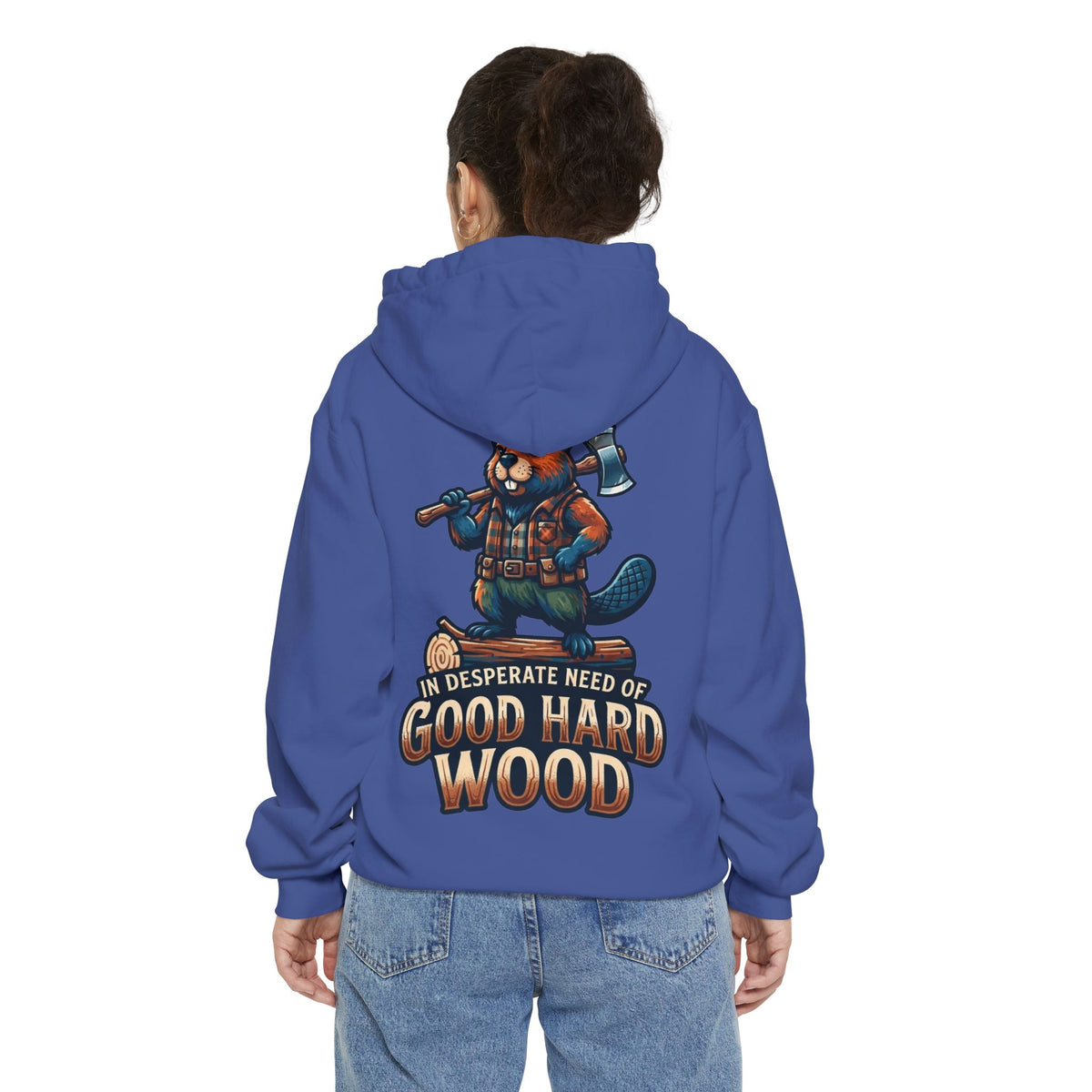 Color: Flo Blue | In Desperate Need of Good Hard Wood Garment-Dyed Hoodie