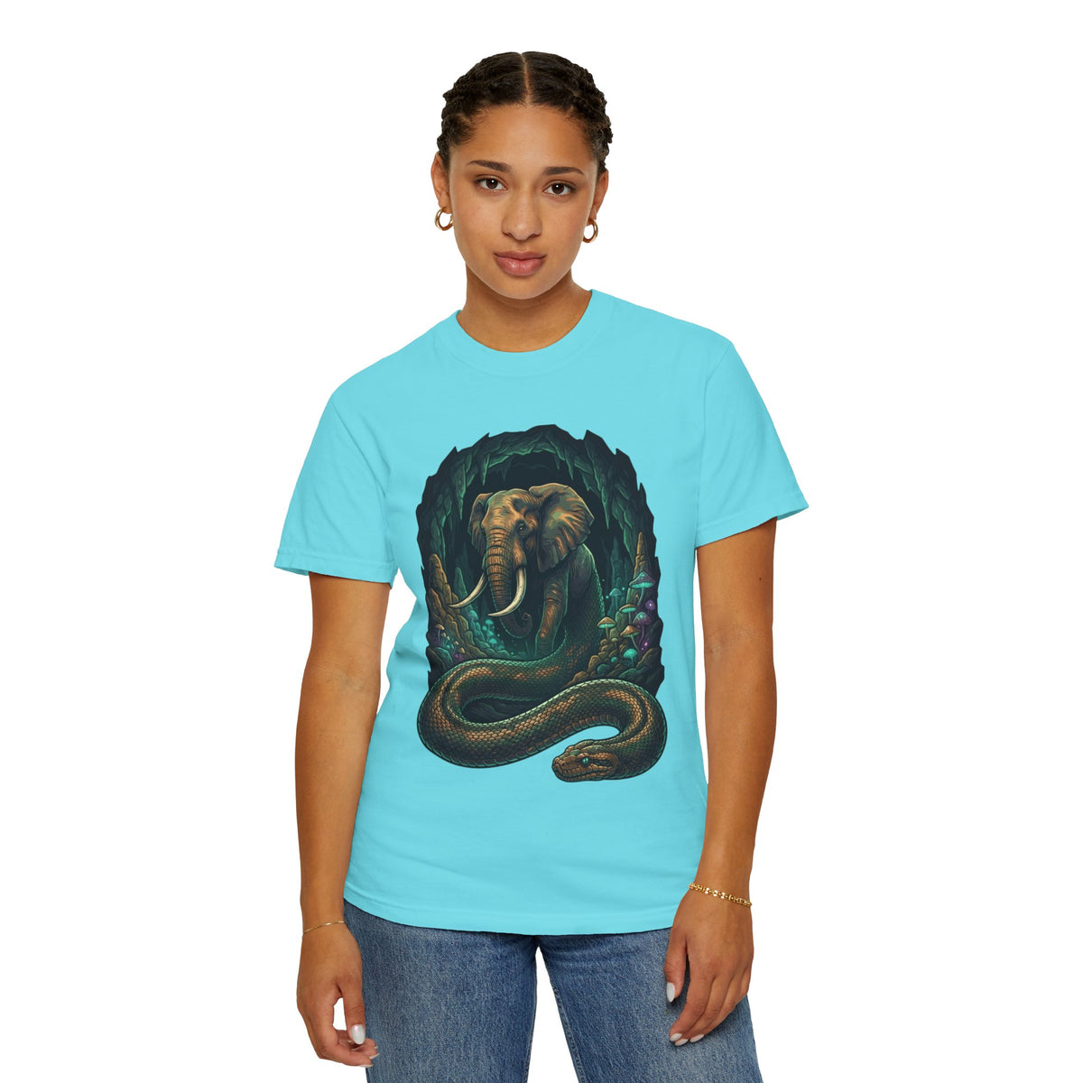 Color: Lagoon Blue | Grootslang (South African Mythology) Unisex Garment-Dyed Tee