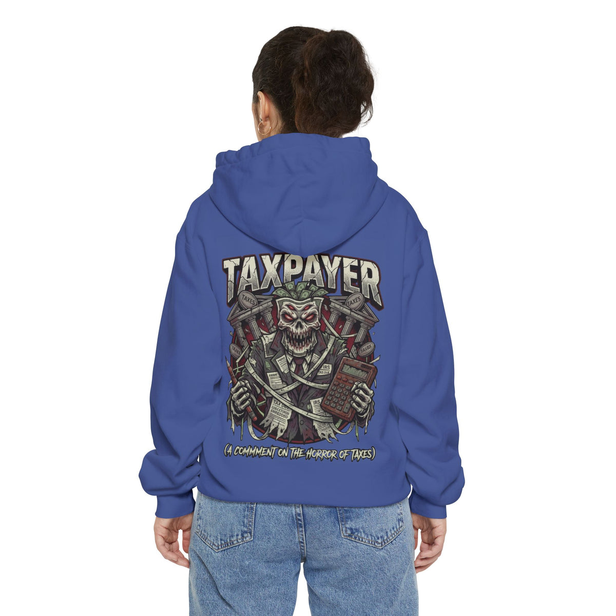 Color: Flo Blue | Horror of Taxes Garment-Dyed Hoodie