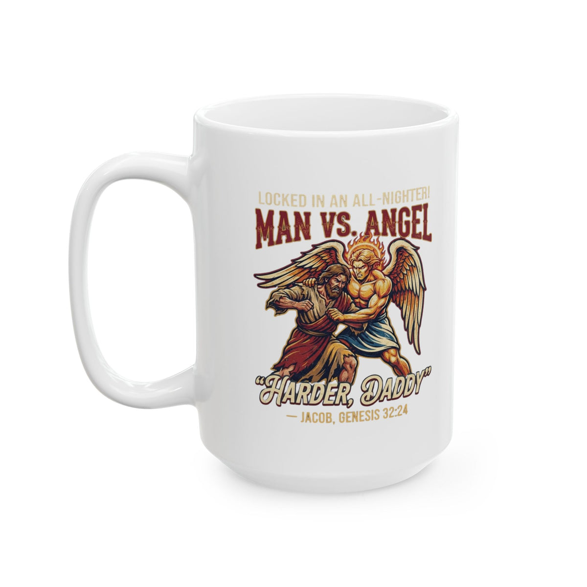 "Good Book Series Man vs Angel" White Ceramic Mug