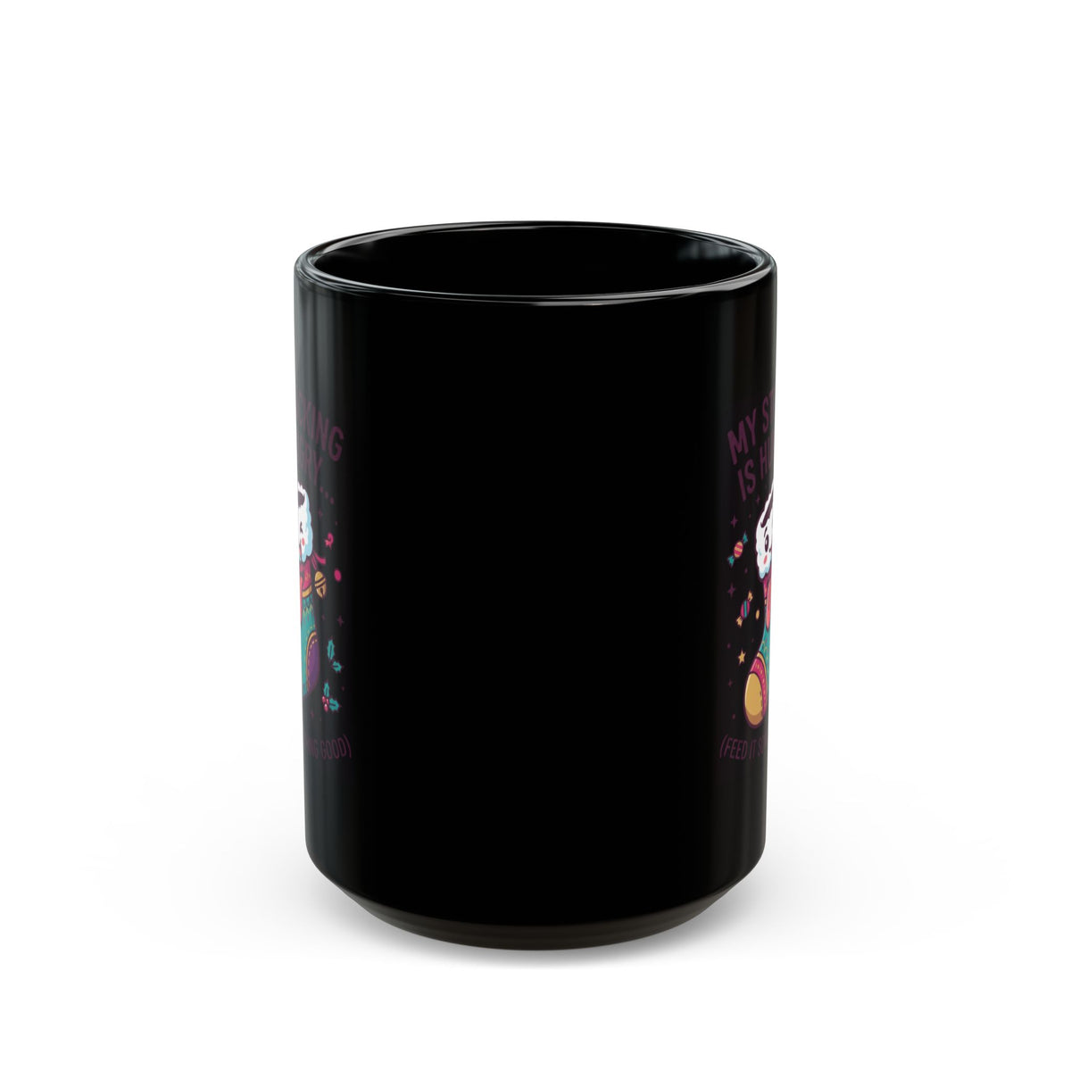 "My Stocking Is Hungry" Black Ceramic Mug