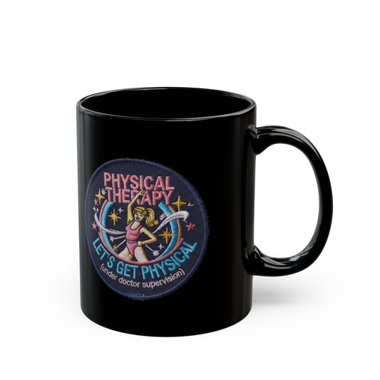 "Let's Get Physical" Black Ceramic Mug — Graphic