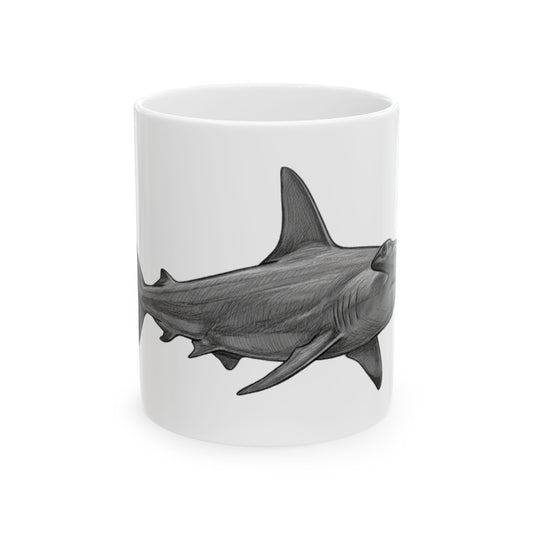 "Pencil Sketch Art Hammerhead Shark" White Ceramic Mug