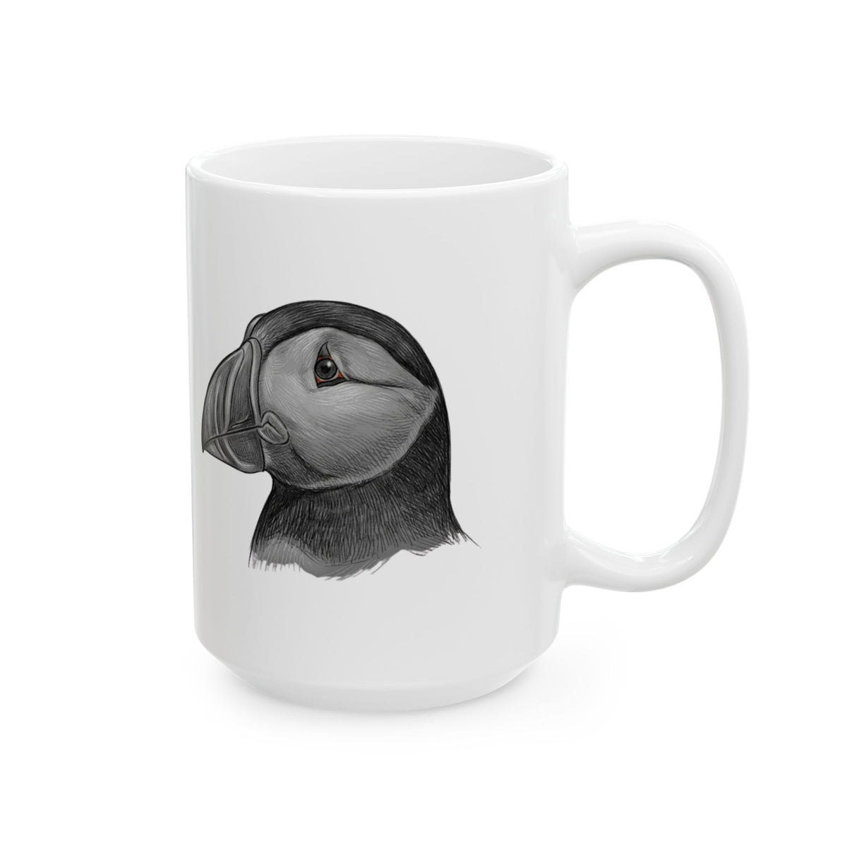 "Pencil Sketch Art Puffin" White Ceramic Mug — Graphic