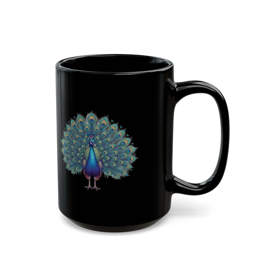 "Hippy Peacock" Black Ceramic Mug
