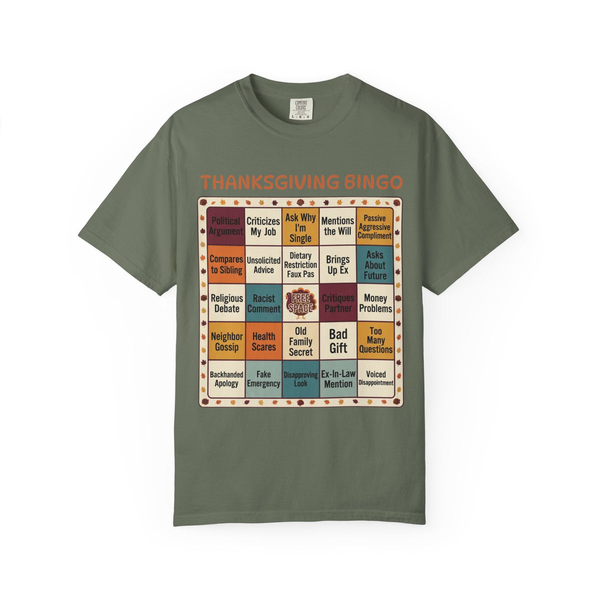 Color: Moss | Thankgiving Bingo Unisex Garment-Dyed Tee