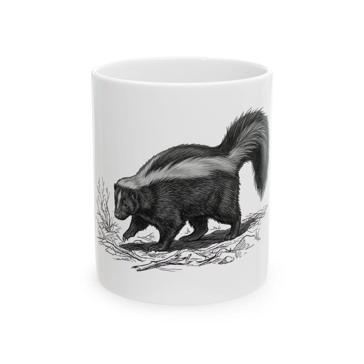 "Pencil Sketch Art Skunk" White Ceramic Mug