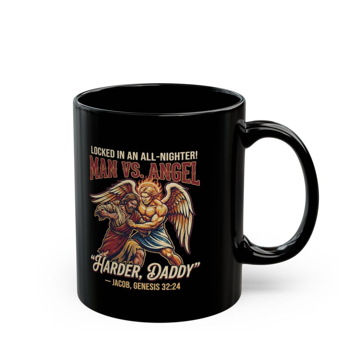 "Good Book Series Man vs Angel" Black Ceramic Mug