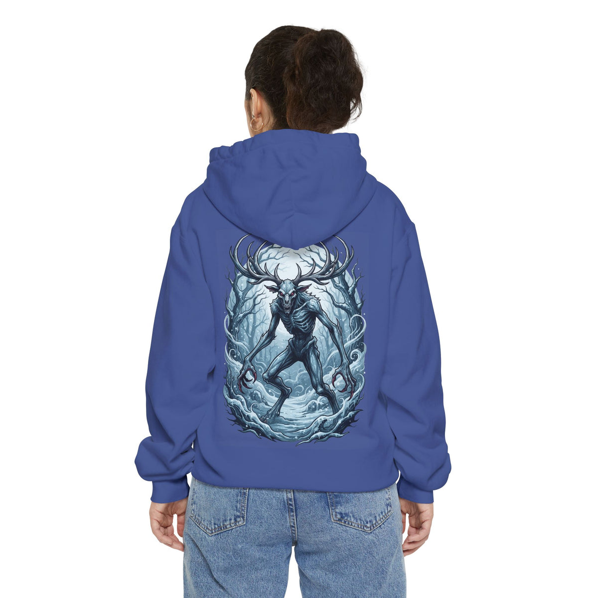 Color: Flo Blue | Wendigo (Algonquian Folklore) Garment-Dyed Hoodie