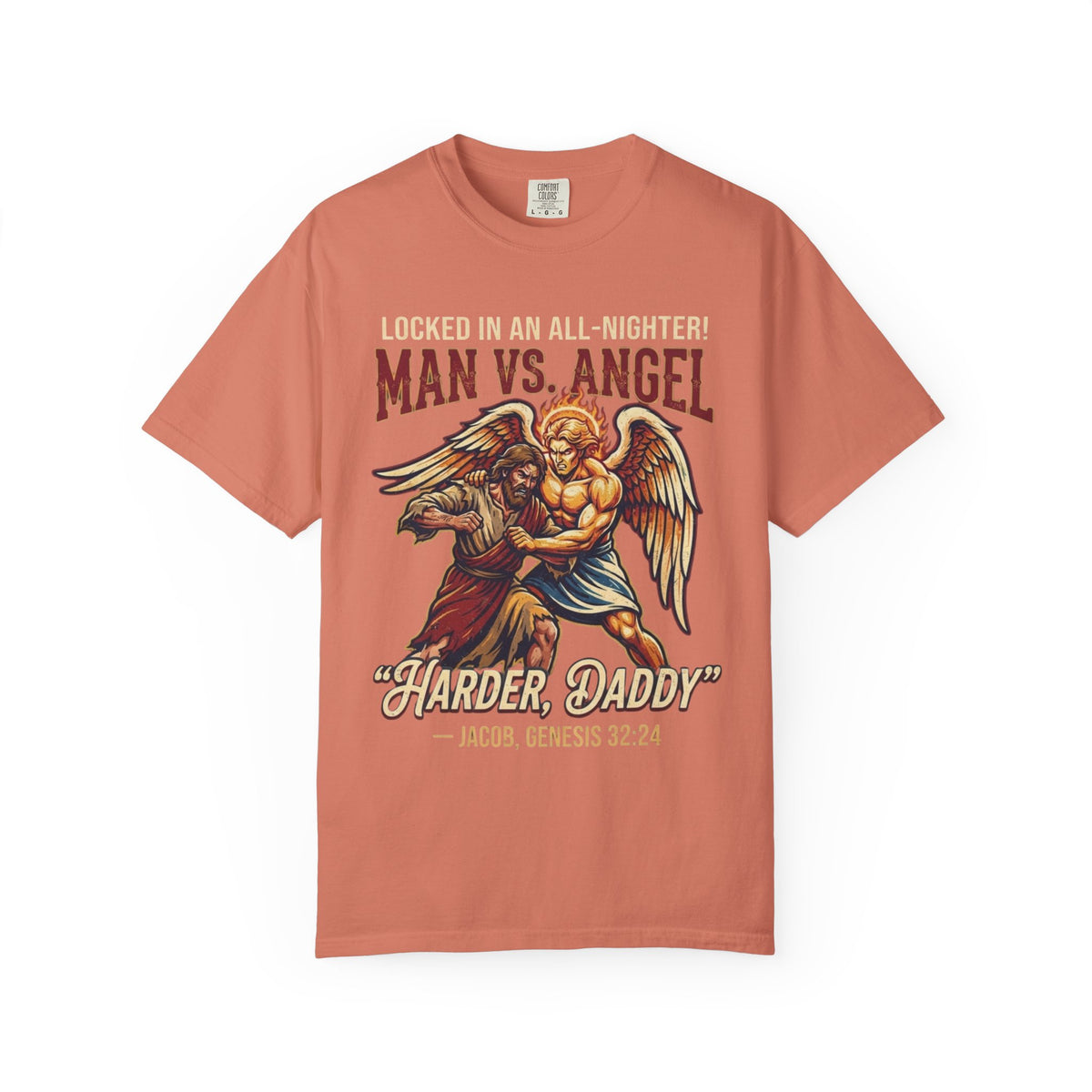 Color: Terracotta | Good Book Series Man vs Angel Unisex Garment-Dyed Tee