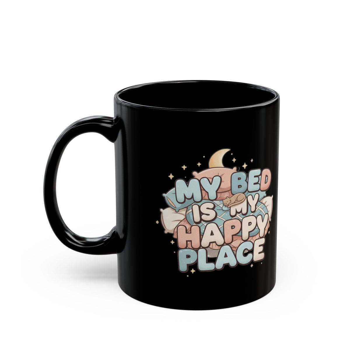 "My Bed is My Happy Place" Black Ceramic Mug
