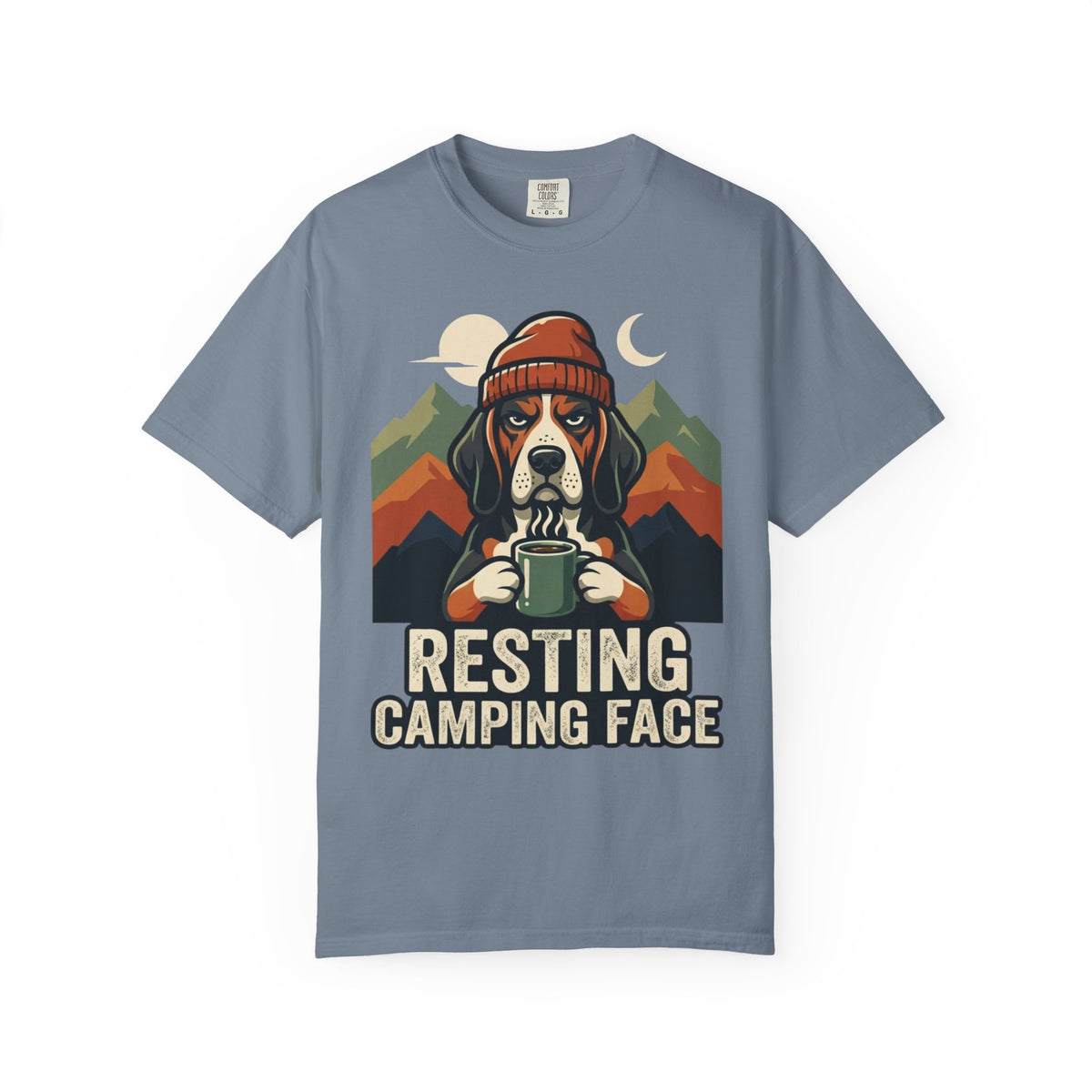 Color: Blue Jean | Resting Camping Face Unisex Garment-Dyed Tee
