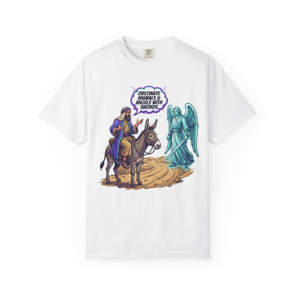 Color: White | Good Book Series Obstinate Animals & Angels With Swords Unisex Garment-Dyed Tee