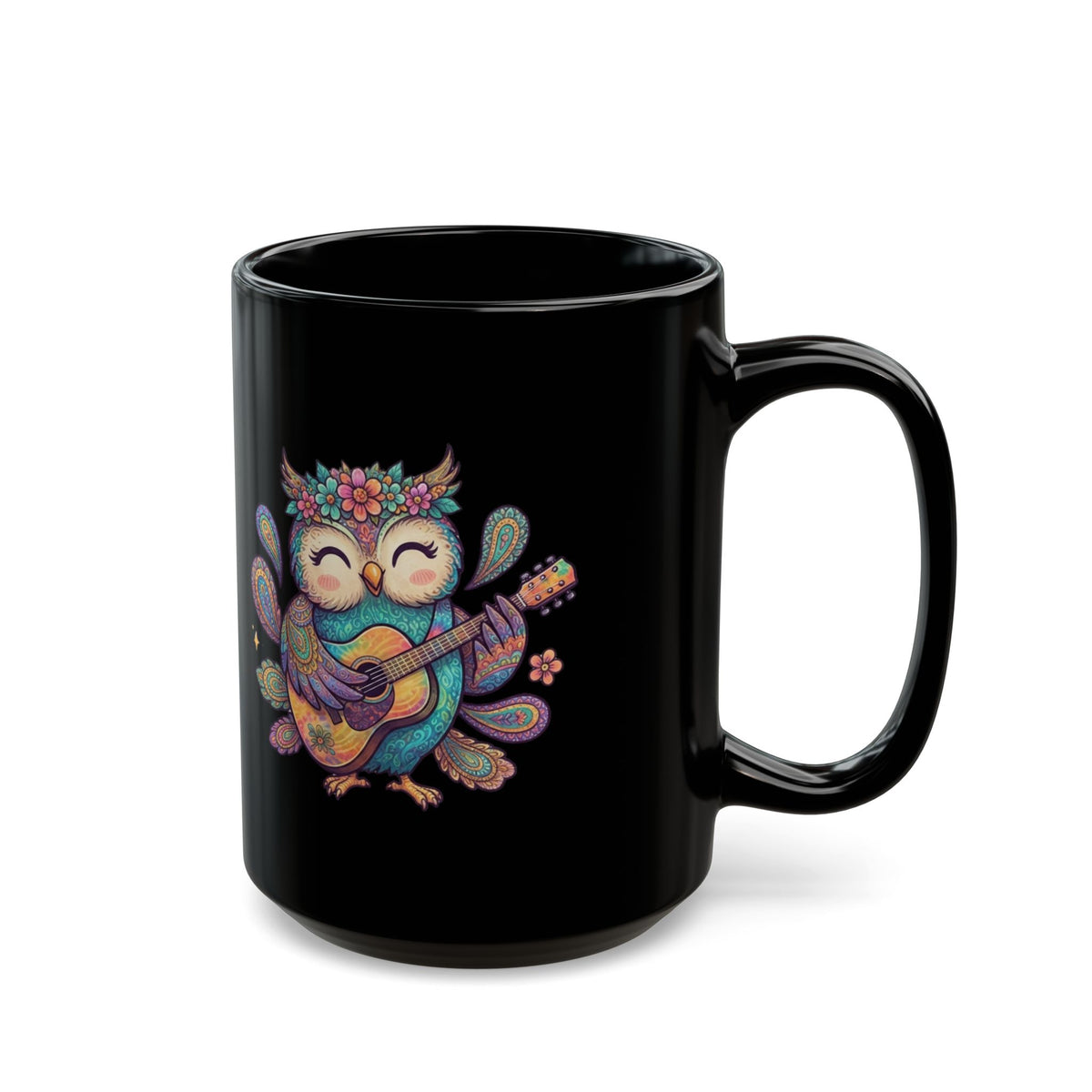 "Hippy Owl" Black Ceramic Mug