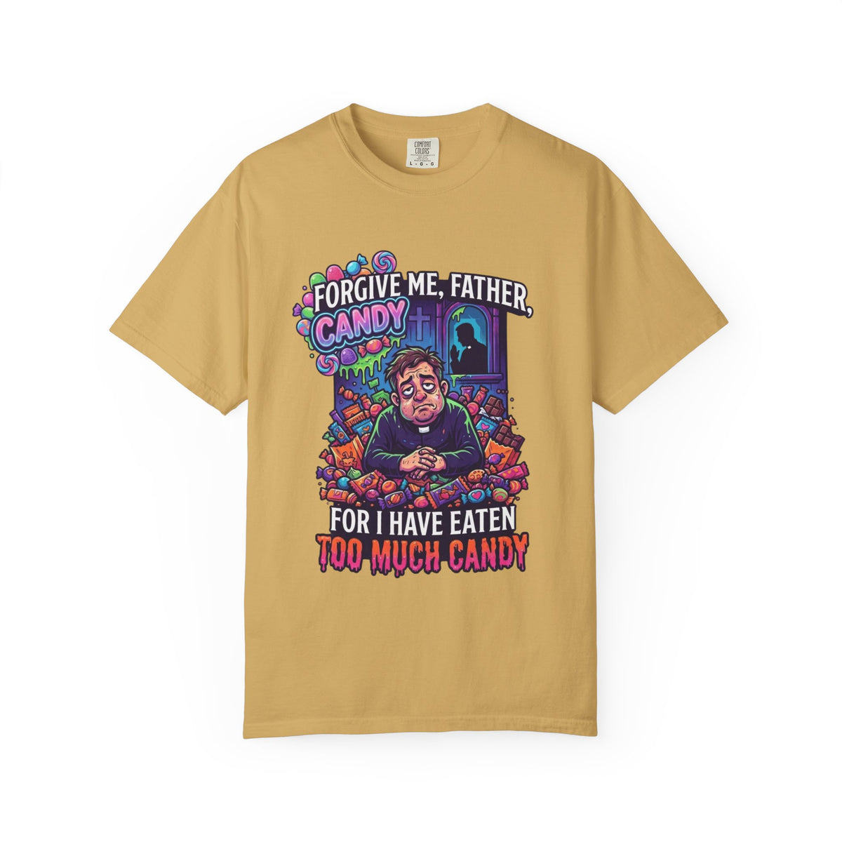 Color: Mustard | Forgive Me Father Too Much Candy Unisex Garment-Dyed Tee