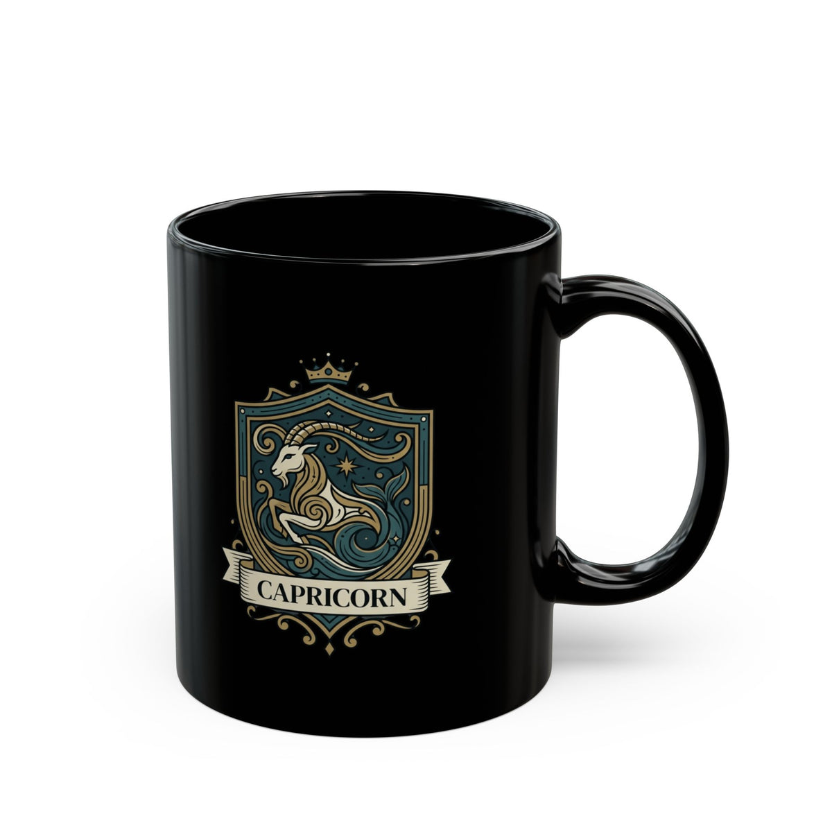 "Capricorn- The Sea-Goat Crest" Black Ceramic Mug